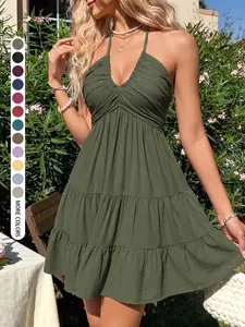 Women Summer Daily French Fresh Resort Style Ruched Multi-layer V Neck Halter Dress Womenswear Home Outdoor City Regular Trend Casual Elegant Youthful Simple Versatile Textured Temperament Artistic