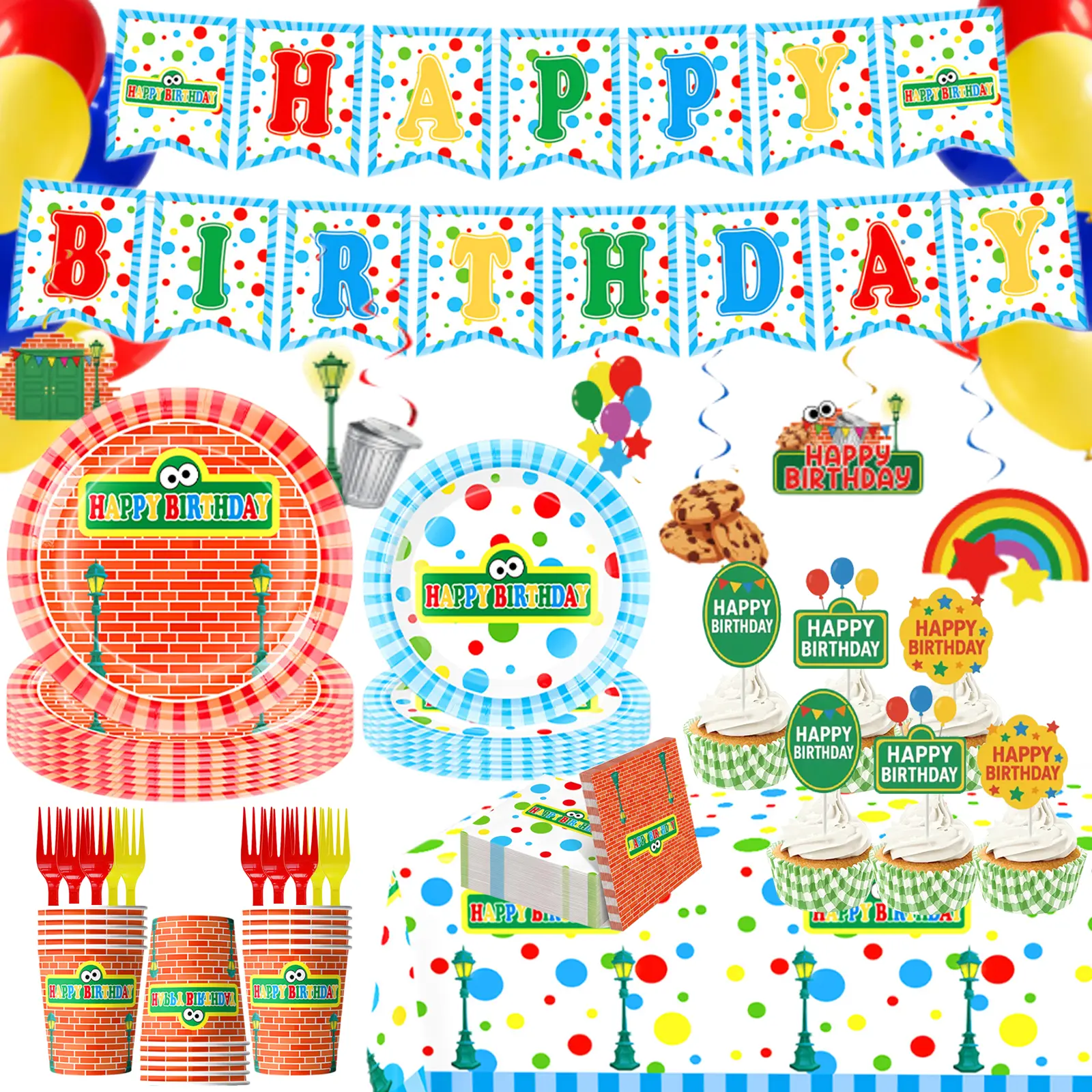 152 PCS Cartoon Street Birthday Party Decorations & Tableware Set - Includes Banner, Tablecloth, Plates, Napkins, Cups, Forks, Balloons, Cake Toppers - Primary Colors Party Supplies Serves 20