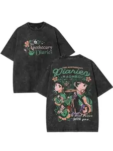 Men's washed street style brand T-shirt | The Apothecary Diaries Maomao print and text, casual wear for daily outings and activities, front and back prints, retro heavy T-shirt, perfect gift, loose, comfortable and breathable