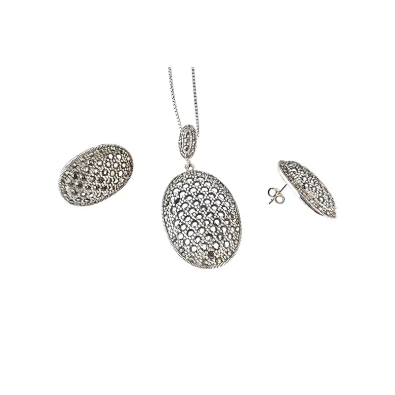 925 Sterling Silver Marcasite Oval Elegant Jewelry Set - 16in-18in-20in (1mm Chain) Necklace + Earrings for Adults