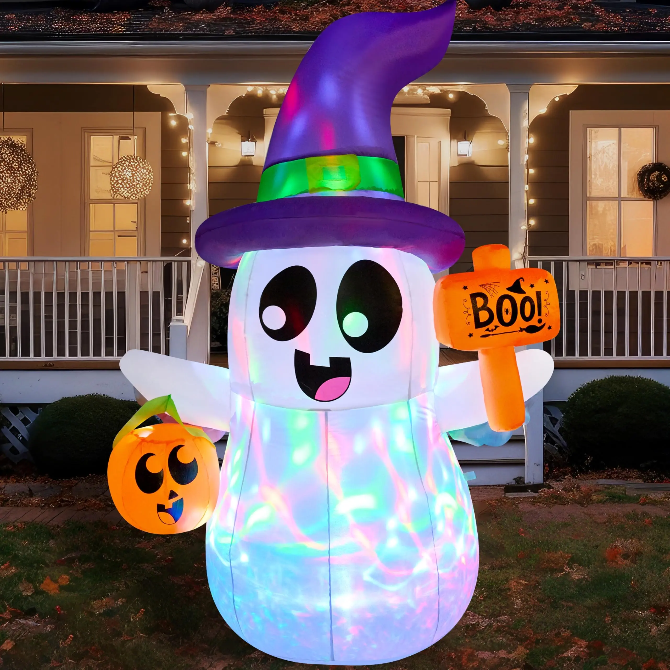 5 FT Halloween Inflatable Cute Wizard Ghost Novelty Toy - Pumpkin Basket, Boo Sign, Rotating Colorful LEDs - Blow Up Outdoor Decoration for Lawn, Garden, Halloween Party, Light, Magical