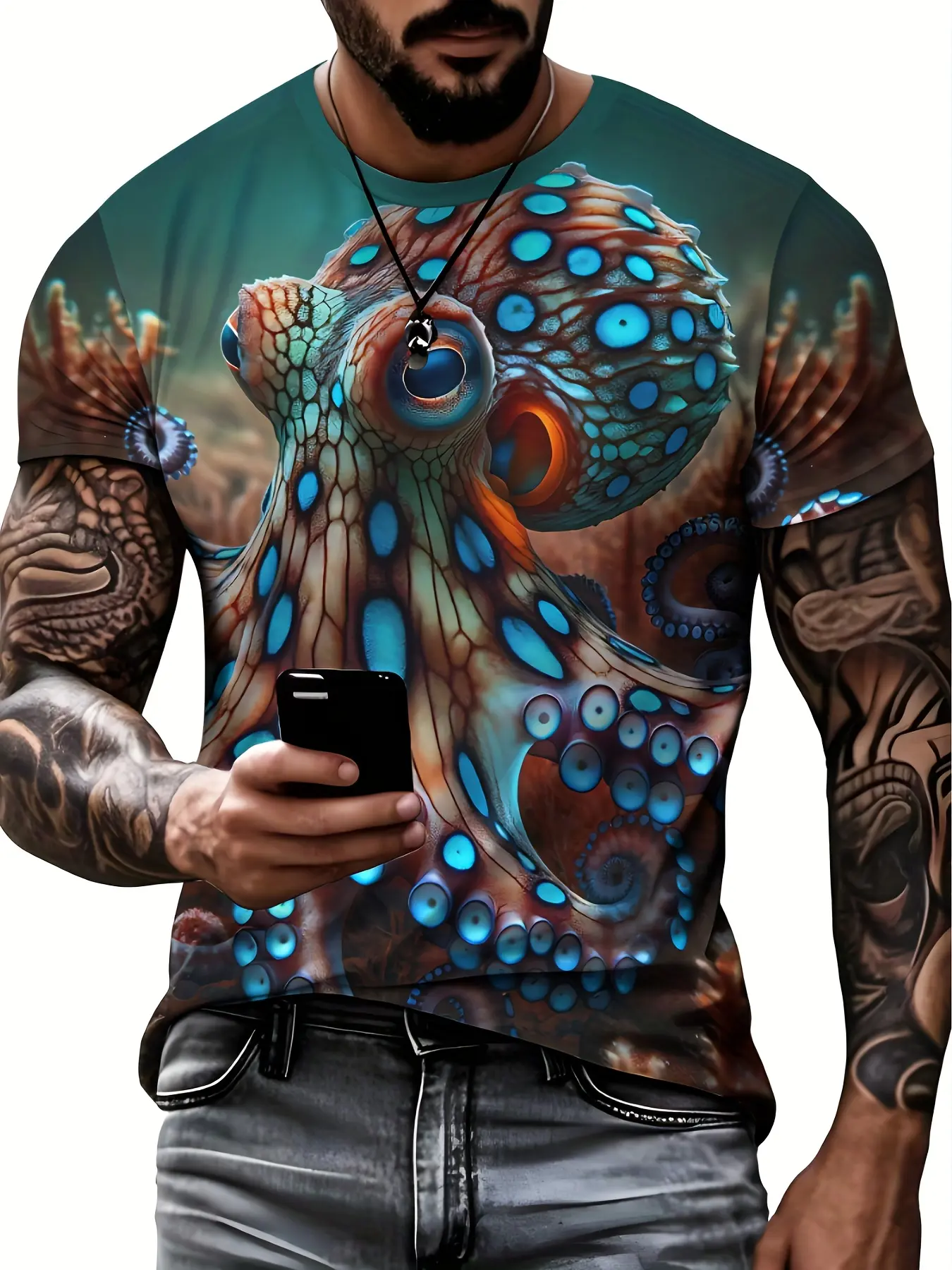Men'S T-Shirt, Menswear, With 3D Octopus Design with Realistic Tentacles And Suction Cups, Turquoise Blue And Golden Squid Ink Camouflage Print, Crew Neck Short Sleeve Tee for Marine Life Enthusiasts And Themed Events, Casual Style Tee