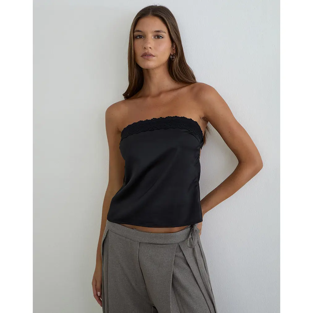 Motelrocks Minae Lady's Satin Bandeau Top with a Lace Trim Neckline and Sleek Open Back Detail