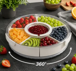 Divided Rotating Snack Serving Tray with Lid & Handle, Portable Snackle Box Organizer for Fruits, Vegetables, Candy, Nuts & Charcuterie, Clear Lazy Susan Storage Container for Fridge, Home & Travel