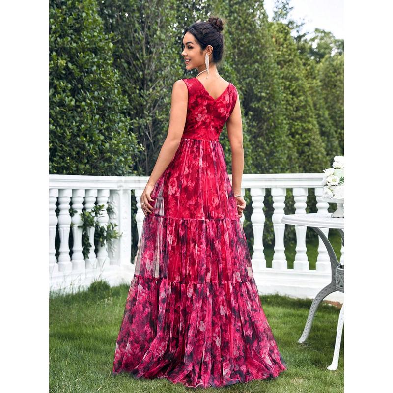 SHEIN Belle Floral Print Mesh Layer Dress Fashion Slim Ball Gown Skirt Maxi Women Outfit