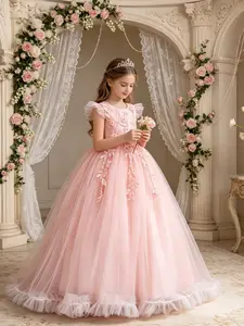 Girls' Floral Long Dress, Elegant Princess Gown, Wedding Flower Girl Dress, Birthday Party Dress, Evening Gala Dress, Show Hostess Dress