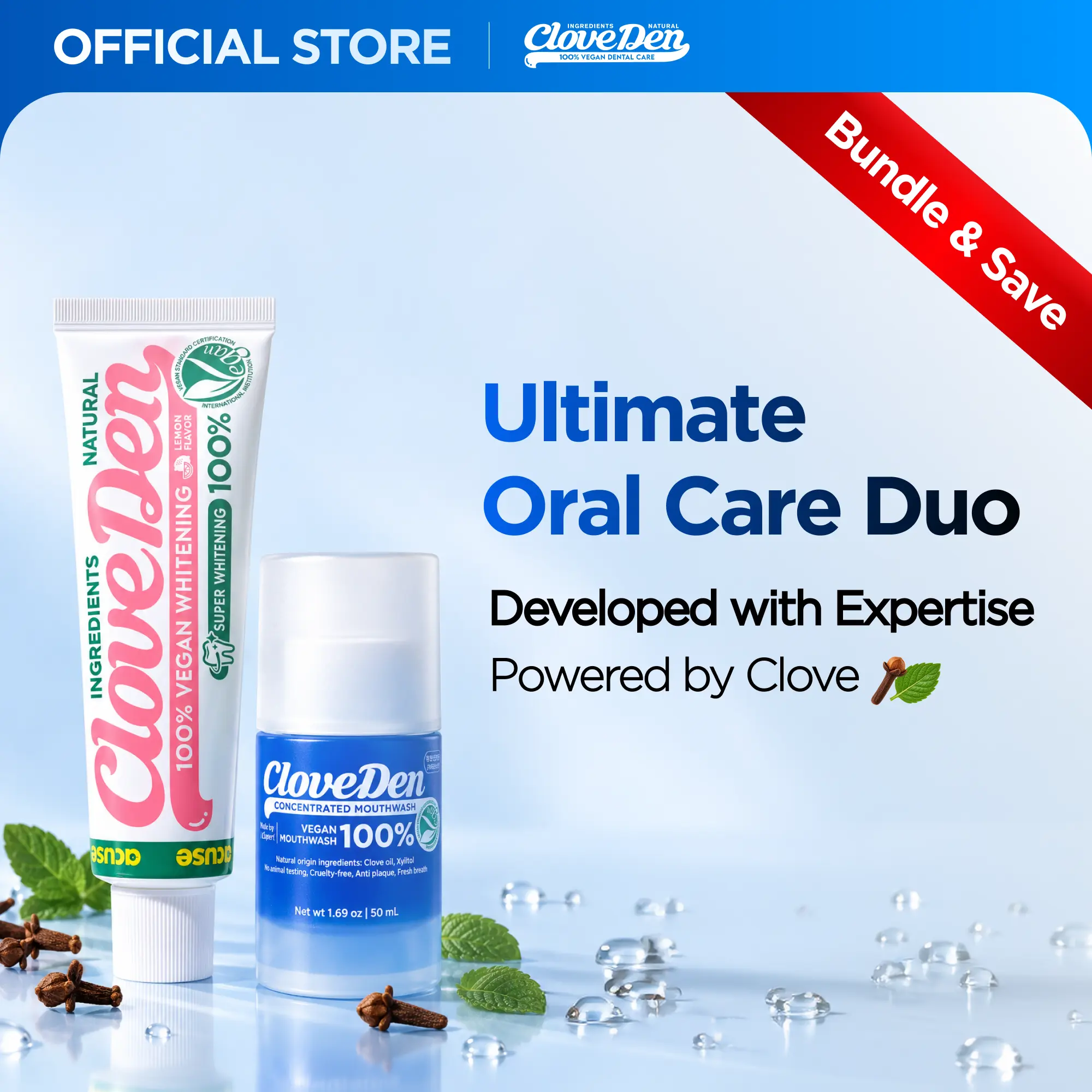 CloveDen Whitening Oral Care Duo – Vegan Toothpaste + 100X Travel Mouthwash, Clove Oil Oral Care Set, Alcohol Free, SLS Free, Fresh Breath & Plaque Care, EWG Verified & Halal, Korean Oral Care Oral Hygiene Essentials Oral Care Kit Teeth Cleansing Kit Comp