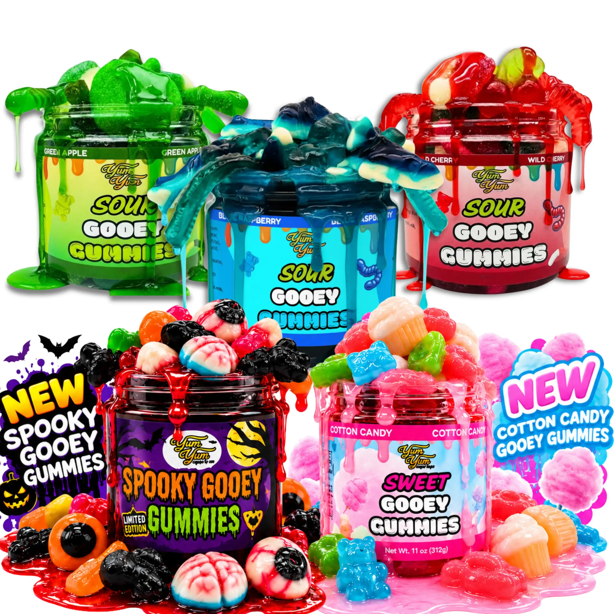 Yum Yum Gooey Gummies Sour & Sweet Sticky Gummy Candy Blue Raspberry Wild Cherry Green Apple Sour Ooze Chewy Fruity Snack Candy