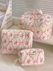 Wave & Floral Pattern Quilted Makeup Bag Set, Travel Essential, Travel Cosmetic Bags, Zipper Cosmetic Organizer, Multi-Functional Storage Pouch for Skincare Products