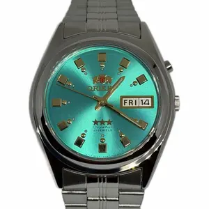 Orient Men's 3 Star Stainless Steel Turquoise Dial Day Date Automatic Watch