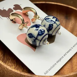 SAHARA CLAY Hand-Painted Porcelain Bead Earrings in Cobalt Blue & White Timeless Blue and White Pottery Inspired Design for Timeless Beauty