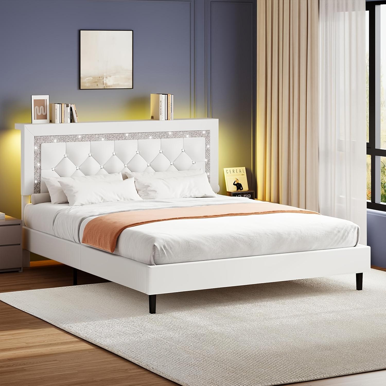 [SummerWins] HOMBCK Twin Full Queen King Size Bed Frame with Storage Headboard | Diamond Tufted, LED Lights, Wooden Slats Support, Noise Free, No Box Spring Needed, Easy Assembly, Black, Powered summer garden#home essentials#back to school