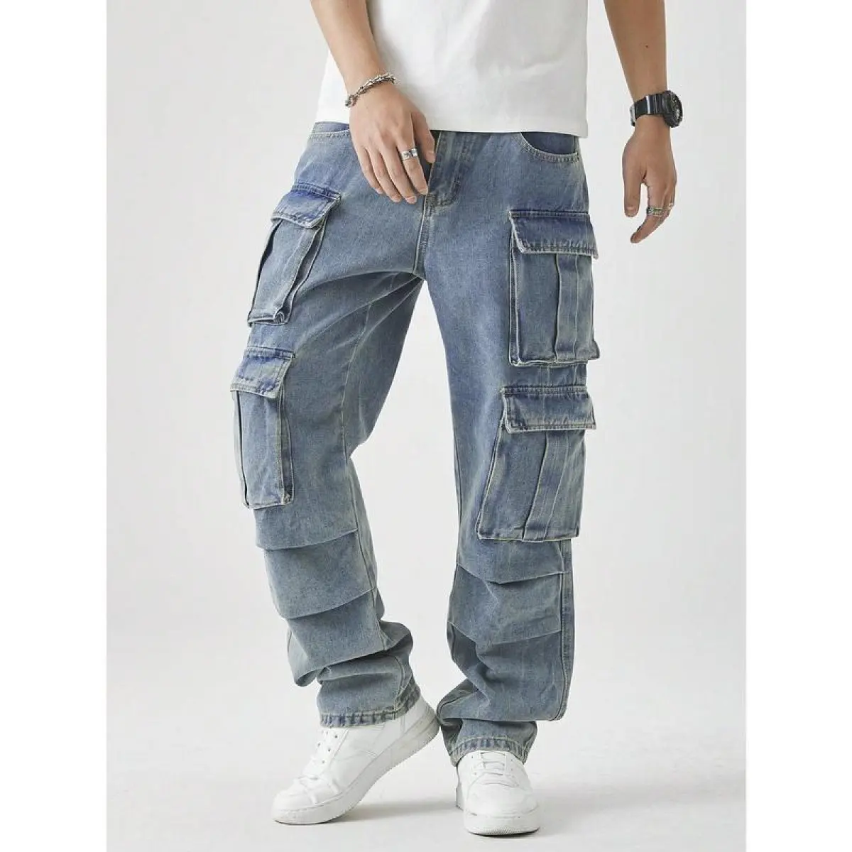 2026 Men's Casual Washed Straight Leg Cargo Jeans, Men's Apparel, Bottoms Men's, Casual Jeans Men's, Men's Streetwear, Relaxed Fit Men's, Straight Leg Men's, Men's Outdoor Pants, Men's Pants, Jeans for Men's