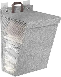 Folding Portable Laundry Hamper, Fabric Storage Hampers, Clothes & Containers, Household Organizer, Gray, Fine Mesh, Velcro Closure, Wall Mountable, Space Saving Design, Set with Handle