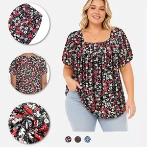 VOGARCE Womens-Plus-Size-Summer-Tops Petal Short Sleeve T Shirts Square Neck Blouses Flowy Pleated Tunics XL-5XL VPS0119 Fit Casual