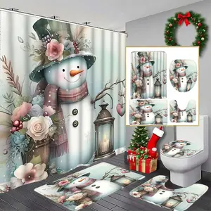 Christmas Snowman Shower Curtain Set, Festive Bathroom Decor with Hooks, Bath Mat, Toilet Lid Cover, U-Shaped Tray, Perfect Gift, Waterproof Shower Curtain