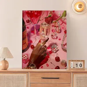 Pink Glam Party Diamond Painting Kit - Champagne & Strawberry Rhinestone Art, Full Drill DIY Wall Decor Colorful Cross Stitch Kit