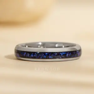 Silver Tungsten Ring with Blue Lab-Created Sapphire Inlay - 4MM