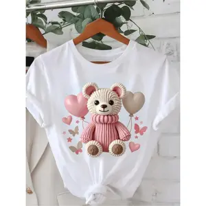 Lightweight Stretchy Casual Women's TShirt Featuring Adorable Teddy Bear and Balloon Print for Daily Wear and Comfortable Girly Style