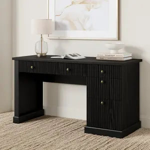 Garvee Modern 54" Executive Office Desk with Fluted Details & Charging Station - Wooden Computer Desk with File Drawers, Home Office Storage Desk for Study, Living Room or Bedroom, Black