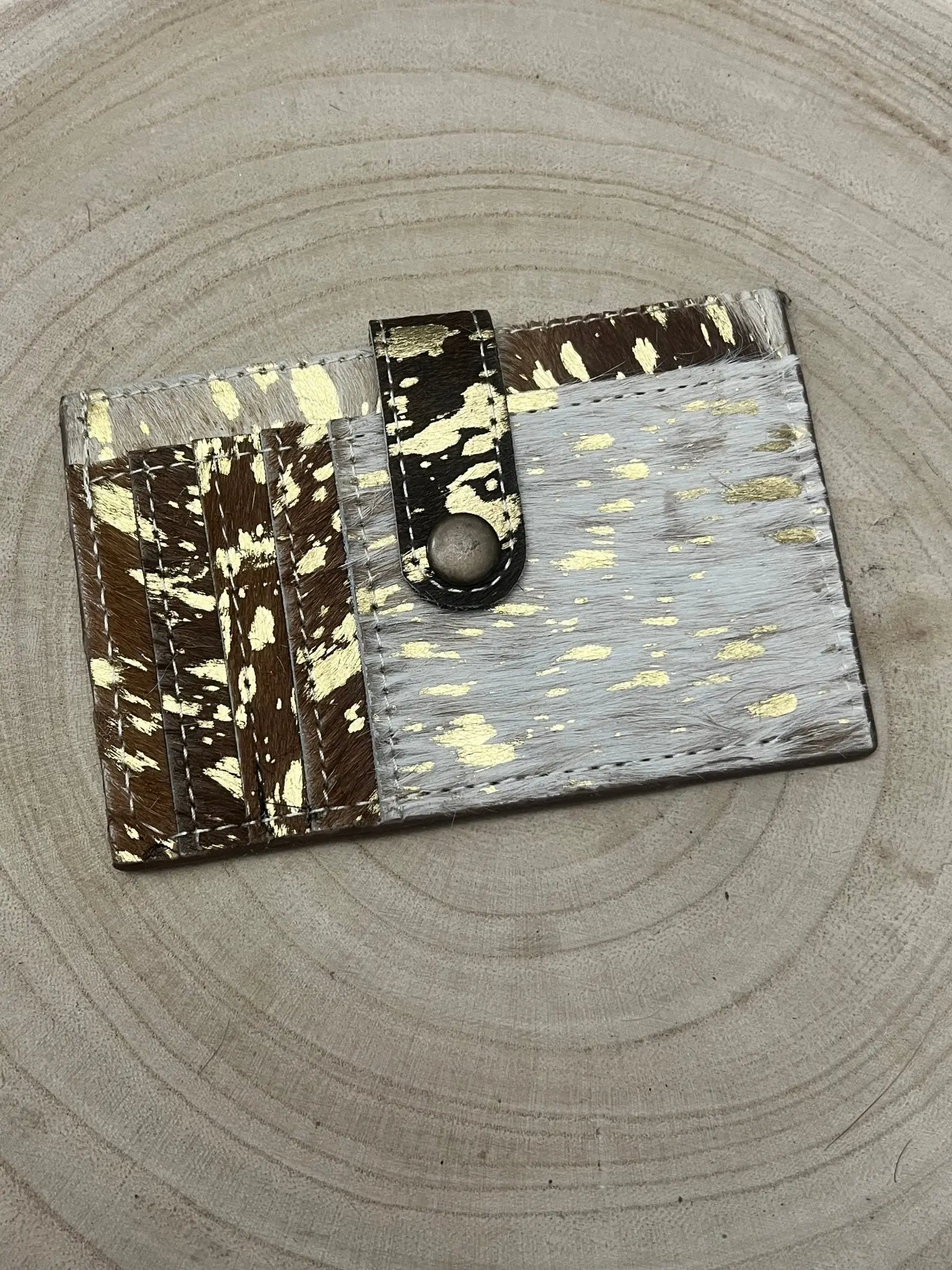 Western Cowhide Credit Card Wallet — Acid Wash Gold Hair-on-Hide (5" x 3" Real Hide)