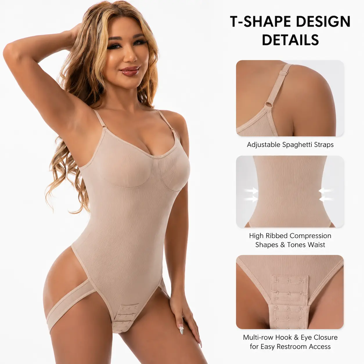 Women's Adjustable Strap Tummy Control Bodysuit, Seamless High-Waist Shapewear, Butt Lifting, Removable Pads, Crotch Hook Body Shaper, All-in-One Slimming Bodysuit