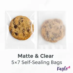 KayLe 5×7 Self-Sealing Cookie Bags – Matte & Clear | Food-Safe Bakery Packaging for Cookies, Brownies & Treats