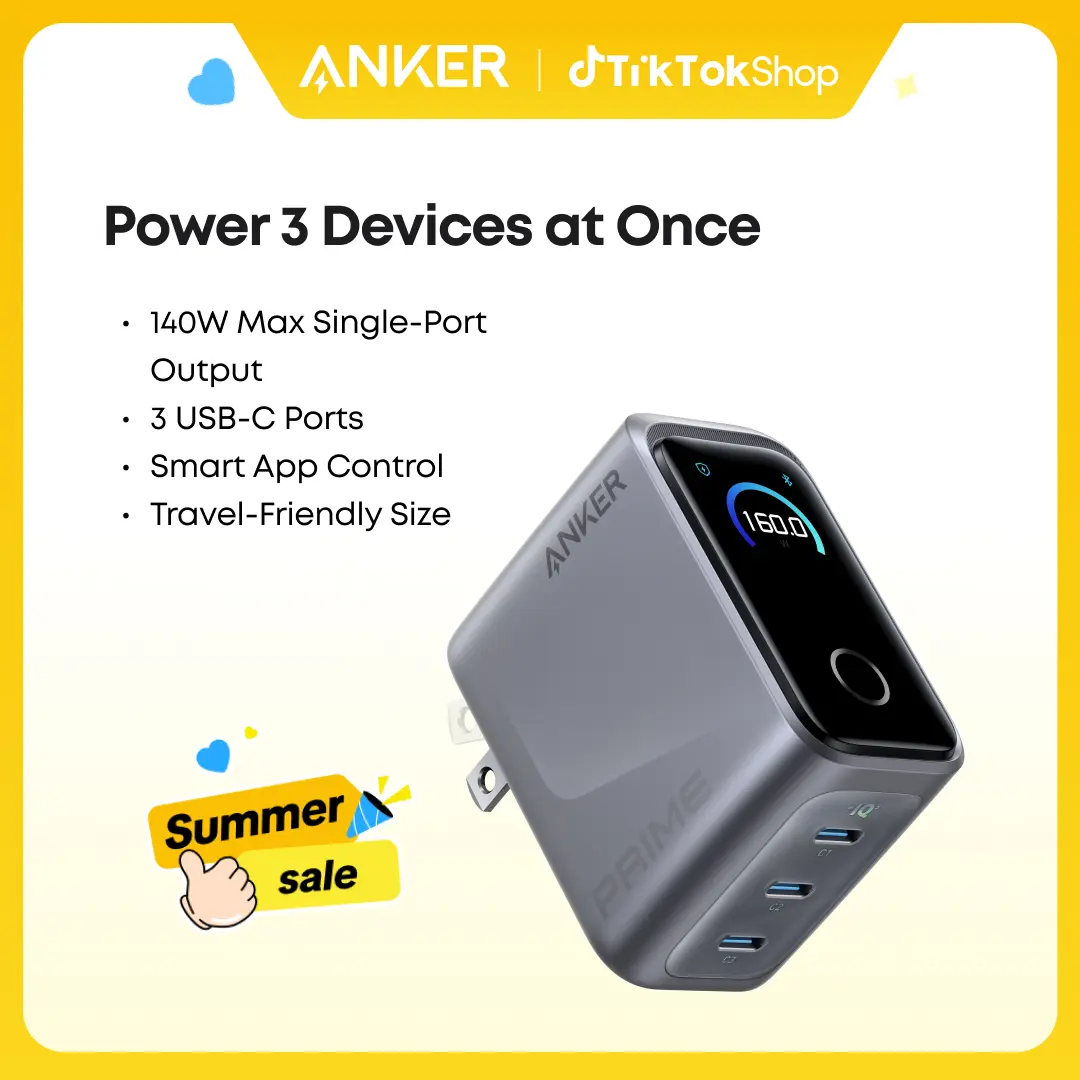 【Prime GaN Charger】Anker Prime Charger, 160W 3-Port Compact USB-C GaN Charger Block, Smart Display and Touch Control, 140W Max Single-Port Charging, for MacBook, iPad, iPhone 17 / 16 / 15 Series, and More,summerwins,FathersDayGift