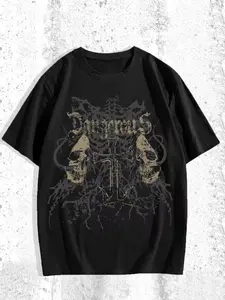 Men's Casual Sports Short Sleeve Shirt, Skull Mask & Cross Print, Comfortable Round Neck T-Shirt for Outdoor Gym Streetwear