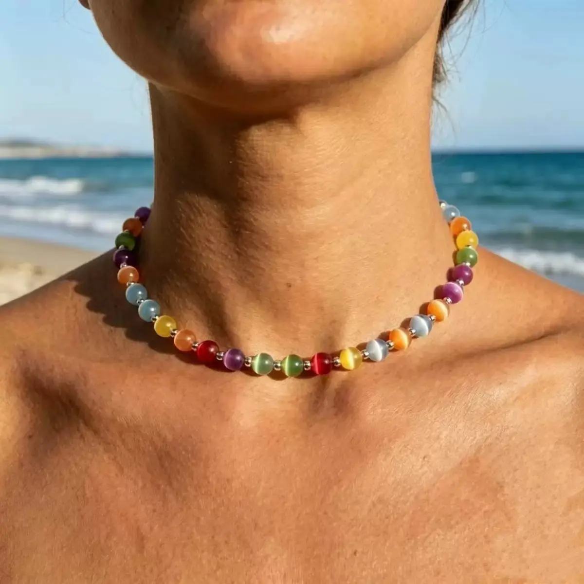 UV Reactive Rainbow Beaded Choker Necklace with 8mm Resin Beads, Color Changing Dopamine Summer Jewelry, Waterproof & Stackable, 16 inches with 2 inches extender, Custom Size, Rainbow Color Necklaces, 8Mm Uv Reactive Resin Beads
