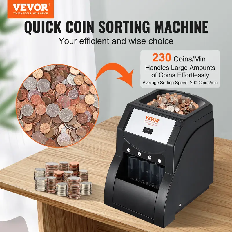 VEVOR Efficient High-Speed USD Coin Sorter Machine with Advanced Sorting Tech, Sorts 1/5/10/25 Cent Coins Up to 230/min, Large Capacity Holds 200, Includes 4 Tubes & Hassle-Free Packaging, Black for Office Setting