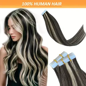 Hot Sell NEW Women's Invisible Tape-In Hair Extensions, Human Hair, Natural Black & Blonde Highlight, 20pcs, 30g/pack, 18-26 Inch - Suitfor All People