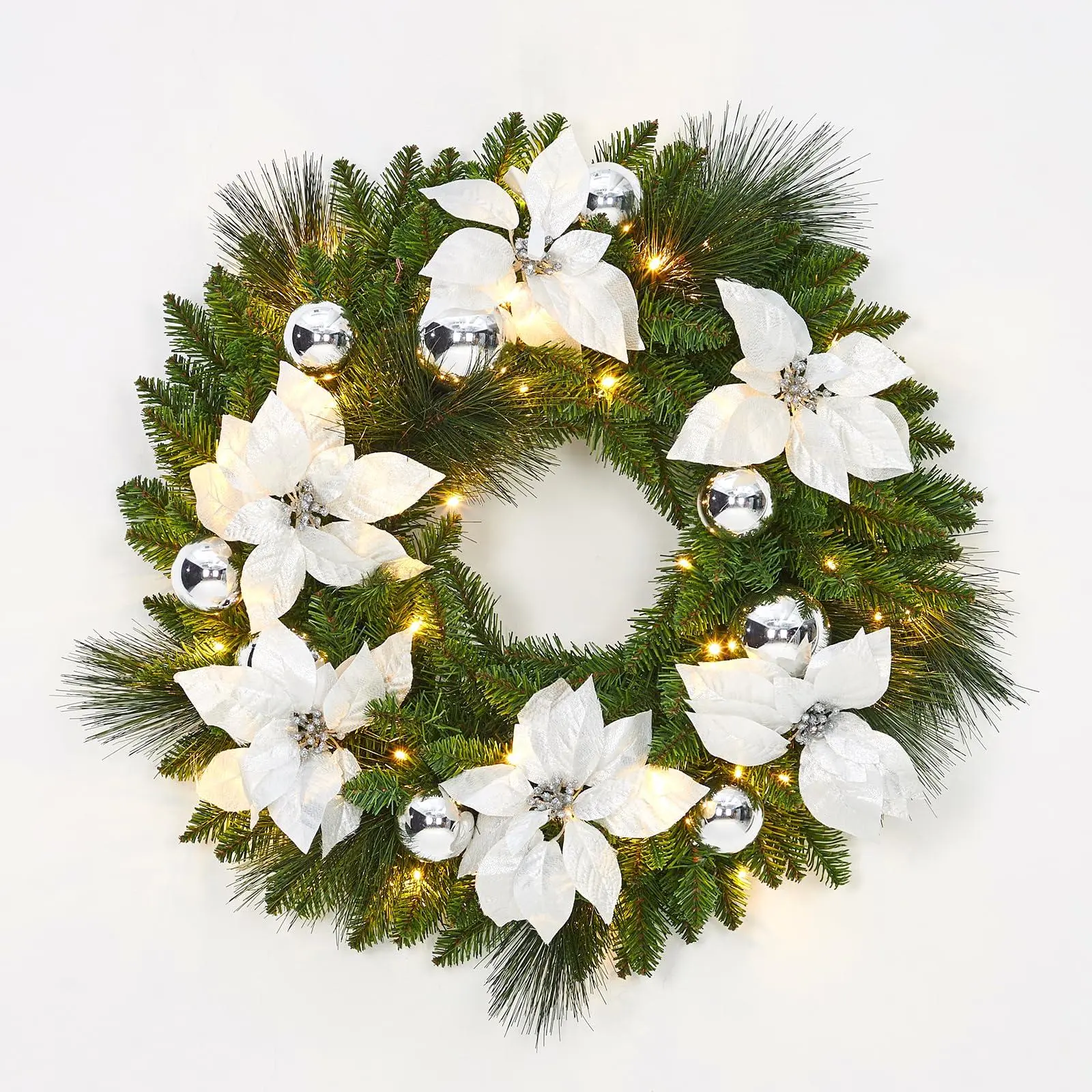 24 In Pre-Lit Traditional Christmas Wreath - Dry Battery-Powered Decoration, Easy Installation, High-Grade Materials, Cypress Leaves, Cones, Floral Ornaments, Balls, Silver LED Accent for Indoor-Outdoor Door/Window Use