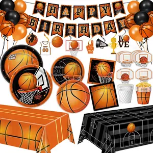 P-PSD037   155 PCS Basketball Party Decorations - Basketball Party Supplies - Plates, Napkins, Cups, Basket Card, Banner, Hanging Swirls, Balloons, Tablecloth for Basketball Birthday Party Decorations, Serve 24 Set Gifts