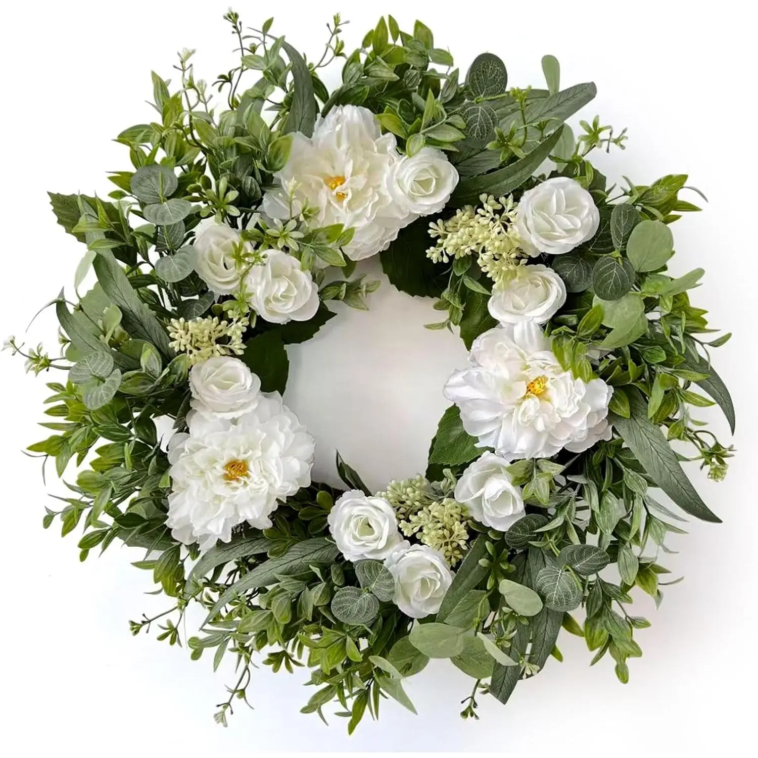 Betylifoy Spring Summer Wreaths for Front Door 24" Artificial White Floral Wreath with Dahlia Rose Green Eucalyptus Leaves Wreath Summer Door Wreaths for Outdoor Indoor Farmhouse Wall Home Decor