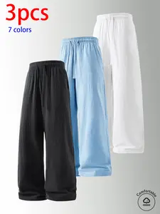 3-pack men’s pure cotton long pants: loose straight casual pants, sweatpants/joggers, featuring a drawstring waistband design. Available in multiple colors. Suitable for home lounging, daily commuting, outdoor walks, short trips, camping—versatile casual
