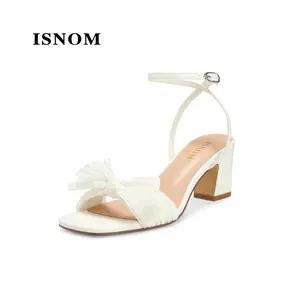 ISNOM Women's Bow Knot Heeled Sandals Ankle Buckle Strap Open Toe Block Chunky Bride Wedding Party Fashion Heels
