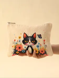 Cat Pattern Plush Makeup Bag with Zipper Interior, Lightweight Multi-Functional Cosmetic Organizer for Toiletries & Accessories, Cosmetic Pouch