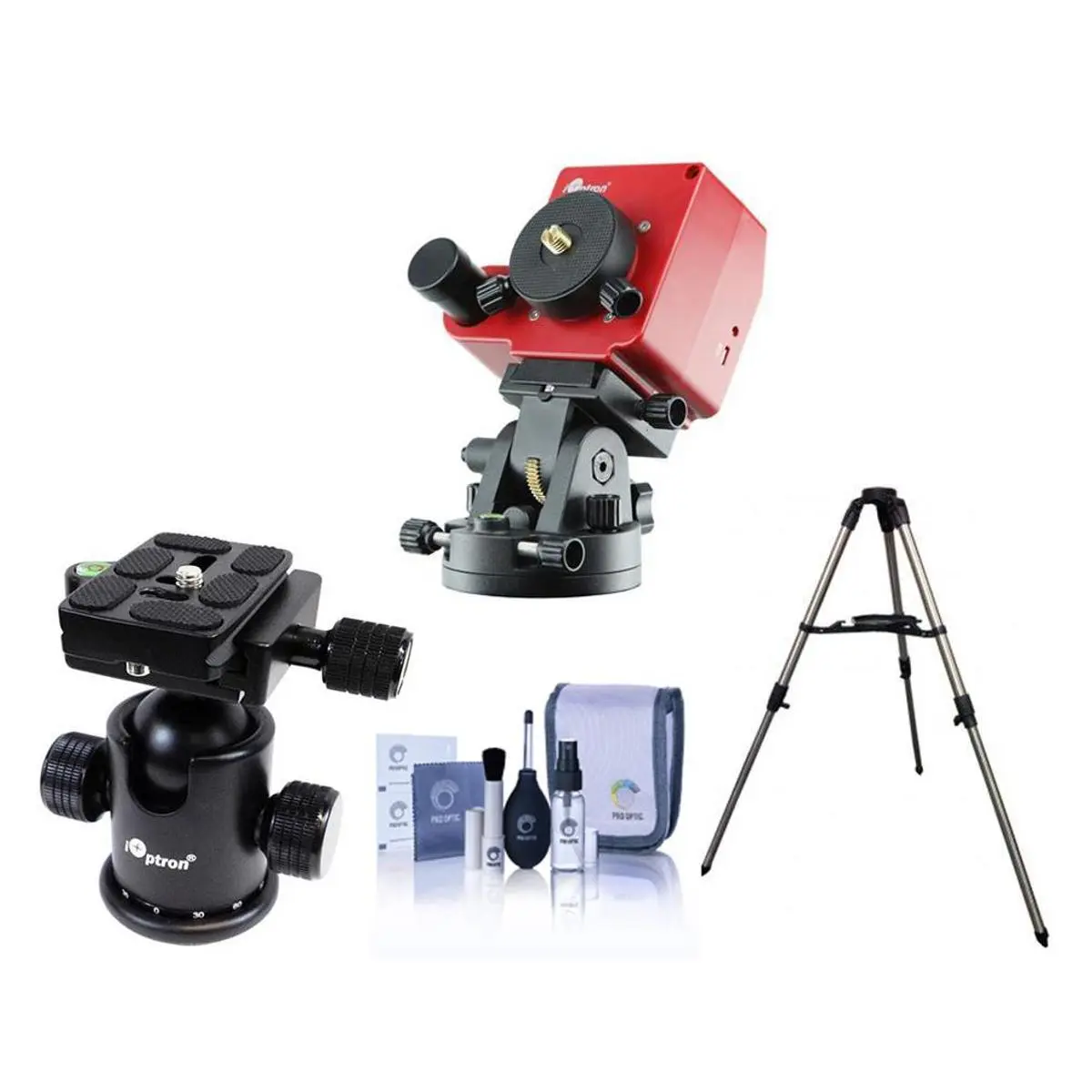 iOptron SkyTracker Pro Camera Mount with Polar Scope (Mount Only) - Bundle with SkyTracker Ball Head v2, Stainless Steel Tripod, Cleaning Kit, Bubble Level, Micro Port, Rechargeable Smartphone Accessory