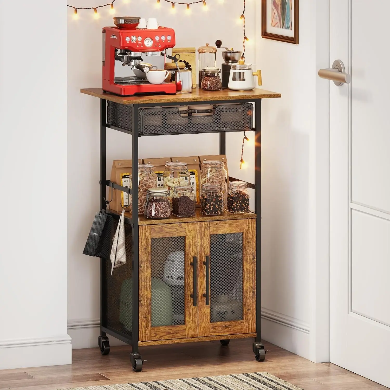 3 Tier Slim Rolling Coffee Cart with 2-Door & Pull-Out Wire Basket Drawer, Coffee Bar Cabinet on Lockable Casters, 32.7" H Microwave Cart with Storage for Home, Kitchen, Dining Room (Rustic Brown)