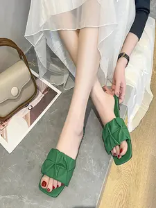 Women's Ruched Square Toe Slide Sandals – Low Heel Open Toe Flat Slippers for Summer Outdoor Wear