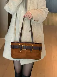 Vintage Suede Handbag, British Style Patchwork Commuter Bag, Metal Buckle, Spacious Design, Fits Phone & Essentials, Fall/winter Fashion