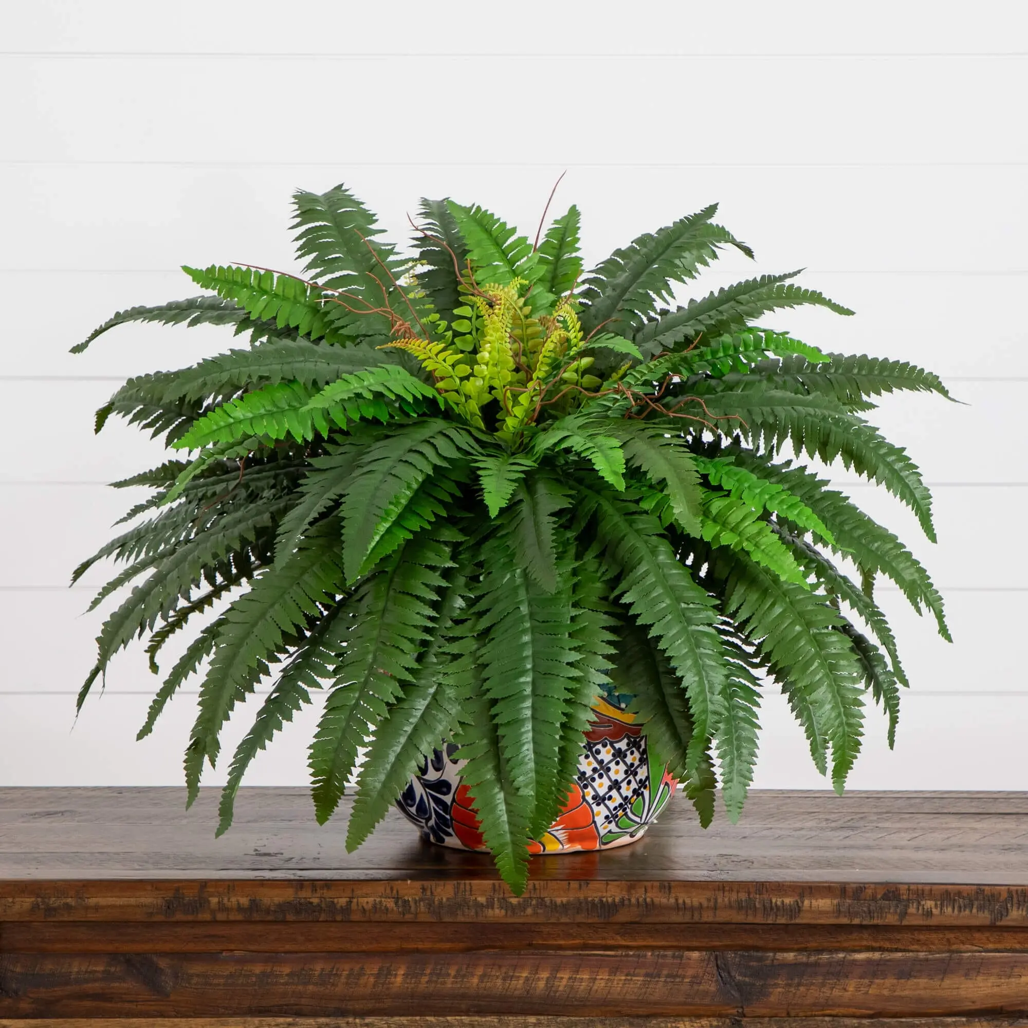32” Synthetic Double Boston Fern in Handmade Mexican Talavera Ceramic Planter - Table Decor, Botanical Home Room Accent