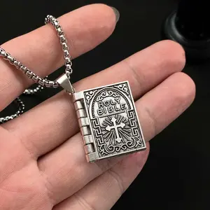 Openable Bible Book Pendant Necklace, Aileen Jewellery Retro Niche Creative Religious Cross Design, Ideal Holiday Gift Accessory