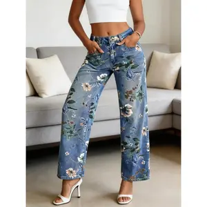 Women's Elegant Floral Denim Jeans, Fitted Straight Leg Blue Jeans, All Seasons Commuter Casual Design, No Elasticity, Pants
