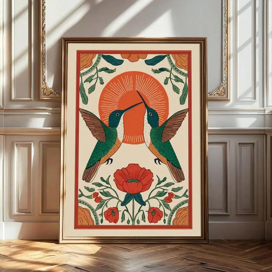 1pc Unframed Boho Floral Hummingbird Folk Art Vintage Wall Poster Canvas Print Scandinavian Sunrise Bird Farmhouse Decor Rustic Painting For Dorm,Living Room,Bedroom,Modern Home Decoration