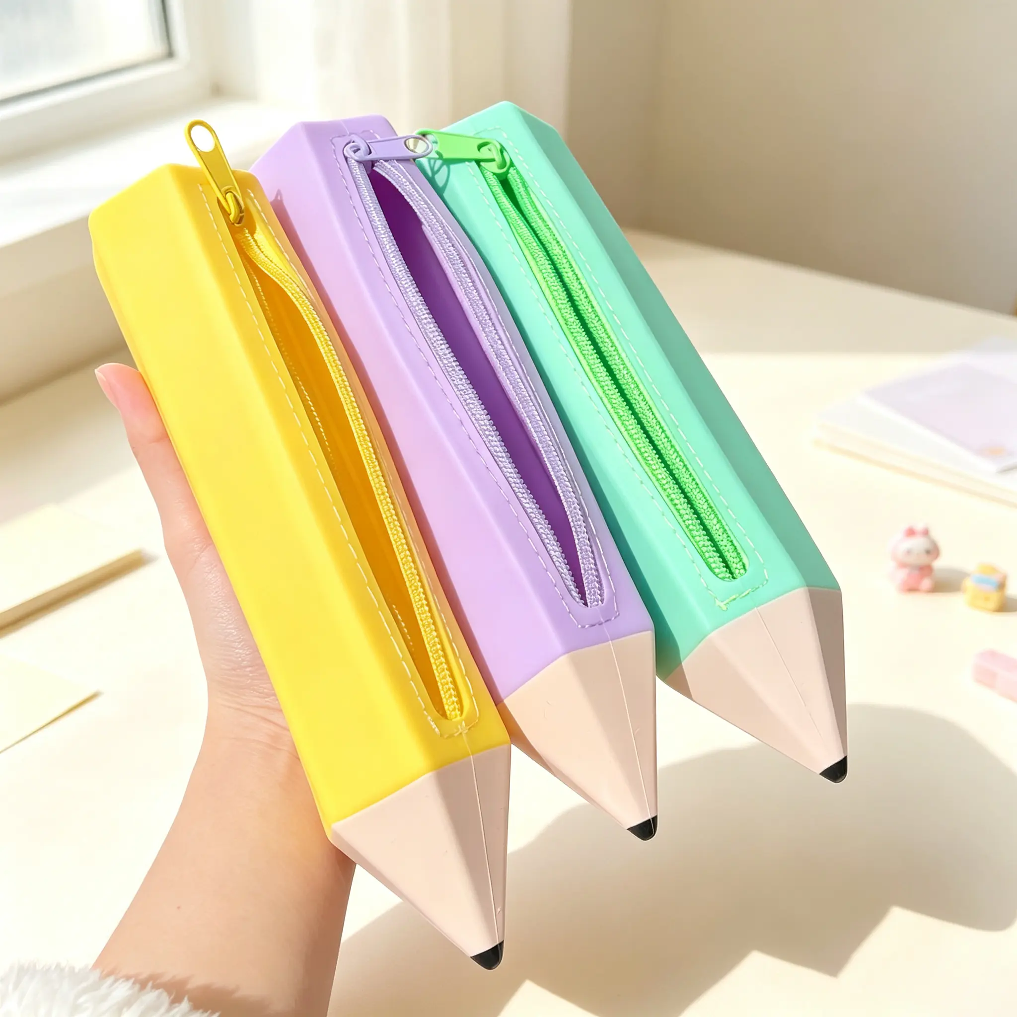 Creative pencil-shaped large-capacity stationery storage bag for primary and secondary school students, zippered silicone pencil case