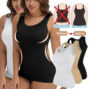 Compression Tank Top for Women Tummy Control Body Shaper Square Neck Vest Shapewear Lace Camisole Ladies Plus Size Body Shaper Camisole White Beige Black S-3XL