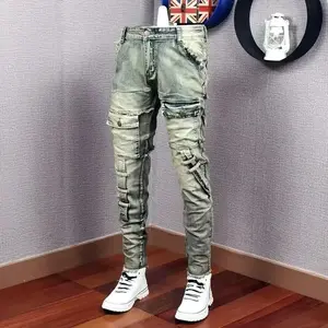 Autumn Winter New broken denim jean men's patch slim feet fashion retro cargo pants vintage pantalon skinny Homme jeans