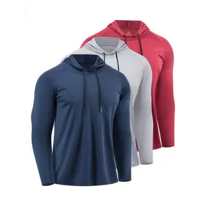 3-Pack Men'S Hooded Sweatshirts, Quick-Dry Breathable Polyester Knit Fabric, Solid Color Long Sleeve Athletic Hoodies for Hiking, Fishing, Running, Workout, Basketball - Regular Fit, 135g/m², Spring/Summer/Fall Sports Style, Sweat-Resistant